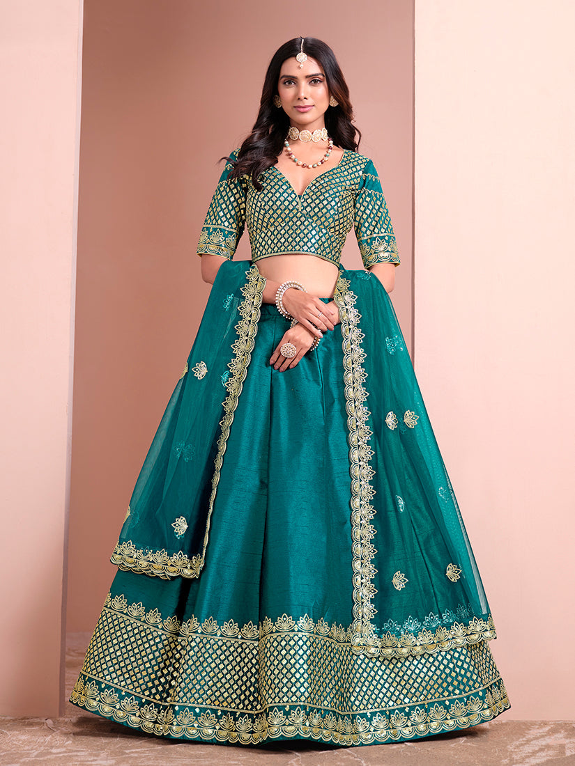 Monjolika Fashion Teal Embroidered Art Silk Designer Lehenga Choli - Swadesiicart