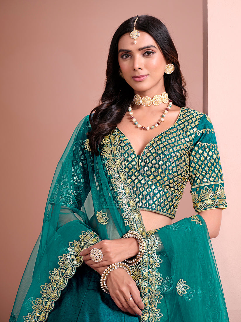 Monjolika Fashion Teal Embroidered Art Silk Designer Lehenga Choli - Swadesiicart
