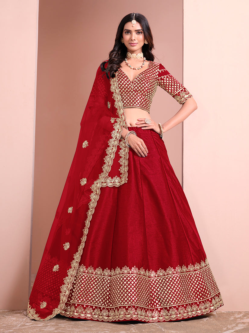 Monjolika Fashion Red Embroidered Art Silk Designer Lehenga Choli - Swadesiicart
