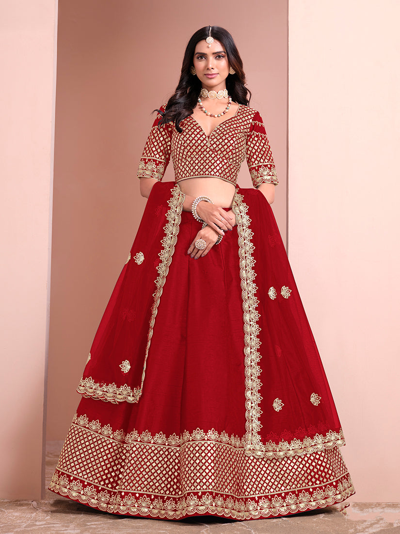 Monjolika Fashion Red Embroidered Art Silk Designer Lehenga Choli - Swadesiicart