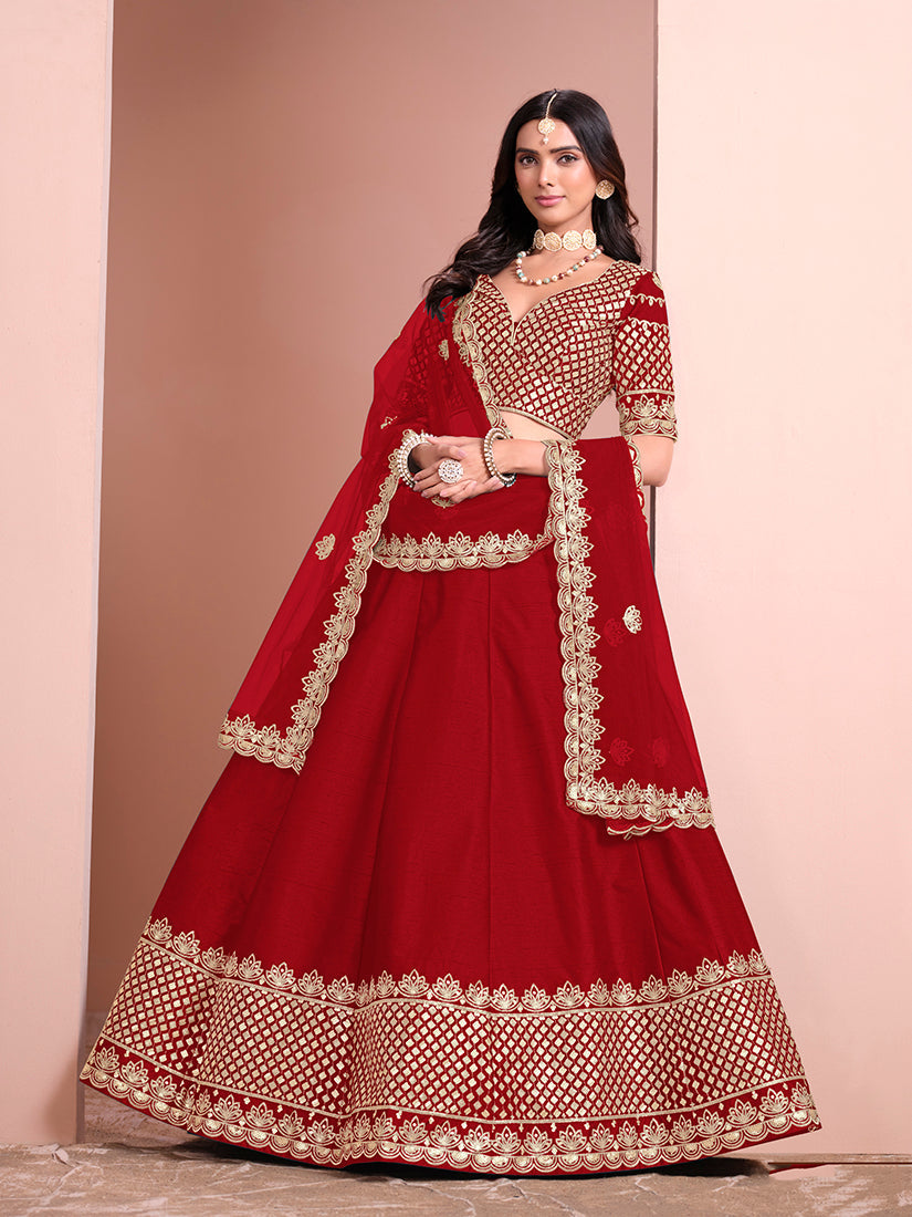 Monjolika Fashion Red Embroidered Art Silk Designer Lehenga Choli - Swadesiicart