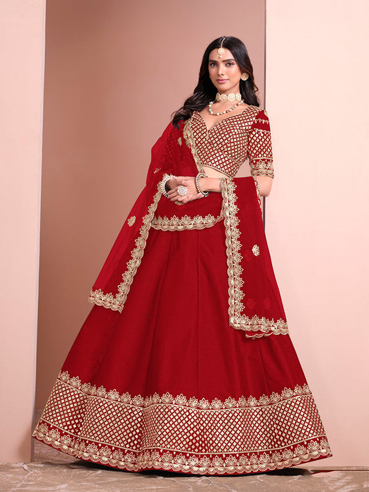 Monjolika Fashion Red Embroidered Art Silk Designer Lehenga Choli - Swadesiicart
