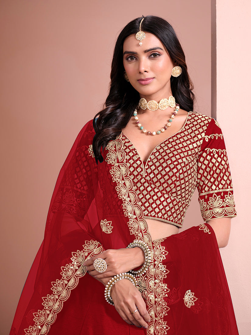 Monjolika Fashion Red Embroidered Art Silk Designer Lehenga Choli - Swadesiicart
