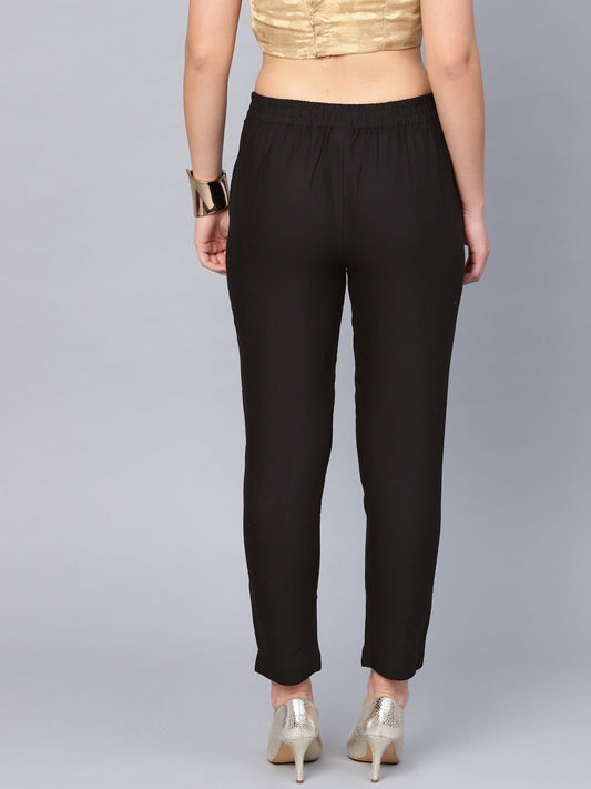 Juniper Women Black Cotton Flex Solid Slim Fit Pant/Slim Pant | Swadesiicart