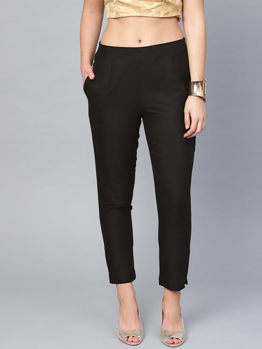 Juniper Women Black Cotton Flex Solid Slim Fit Pant/Slim Pant | Swadesiicart