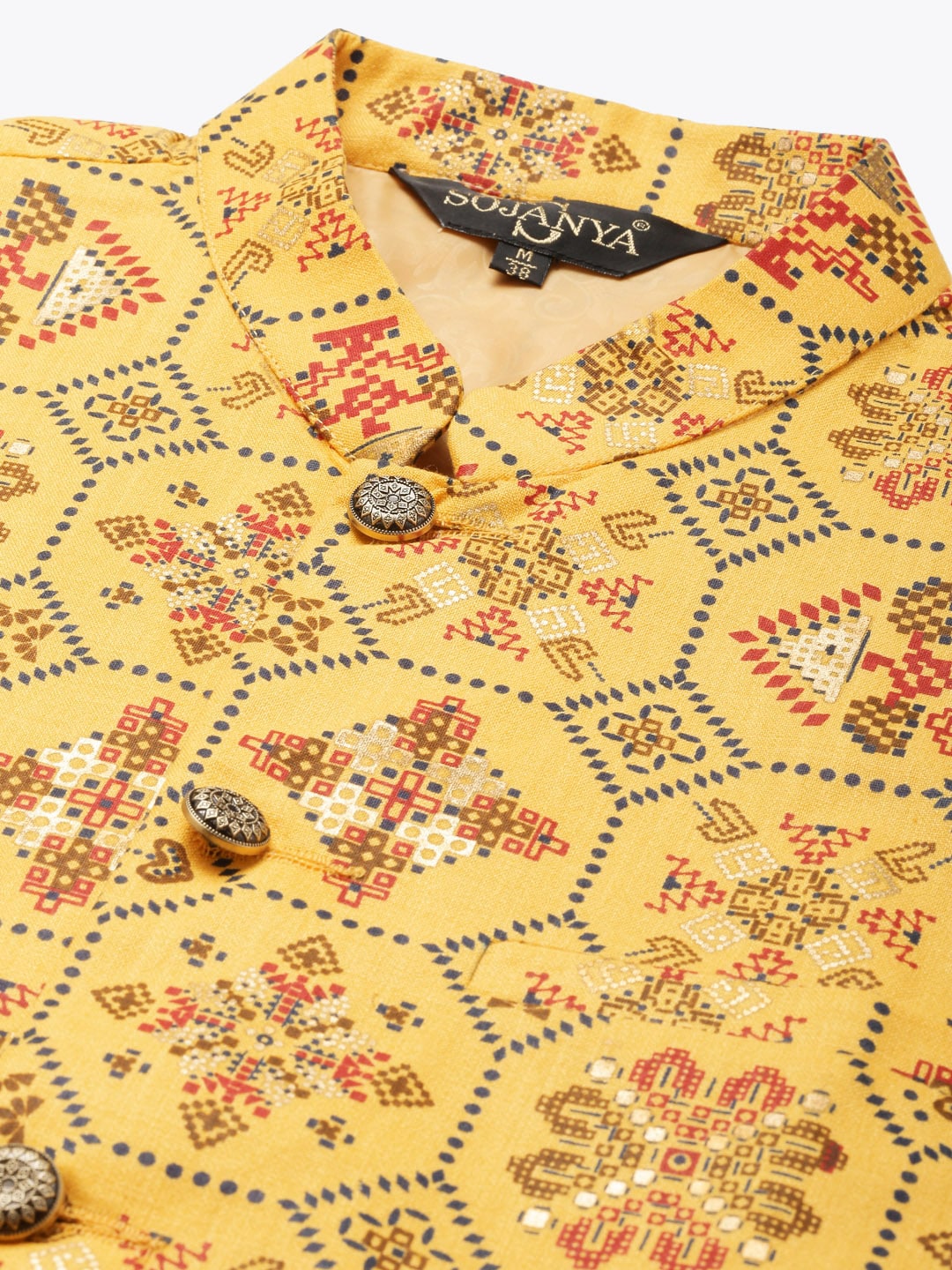 Sojanya Men Mustard Yellow Kurta with Churidar & Nehru Jacket | Swadesiicart