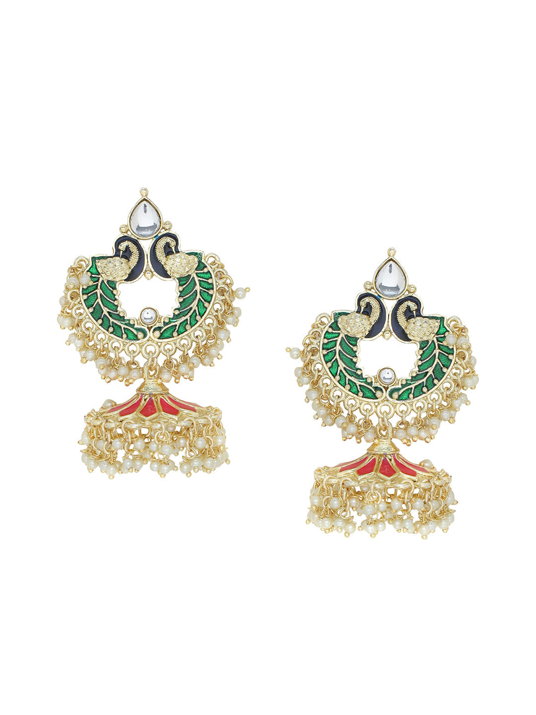 Shoshaa Gold-Polished Green Enamelled Peacock Shaped Jhumkas | Swadesiicart