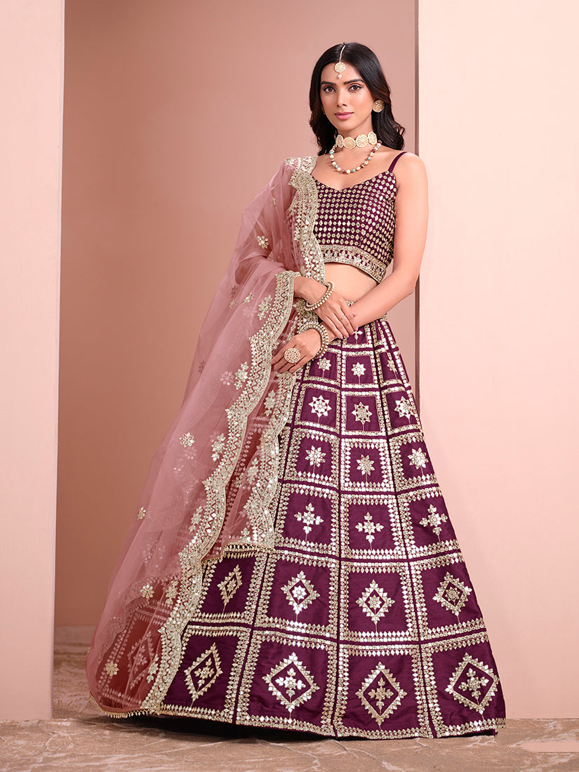 Monjolika Fashion Purple Embroidered Art Silk Trendy A Line Lehenga Choli - Swadesiicart