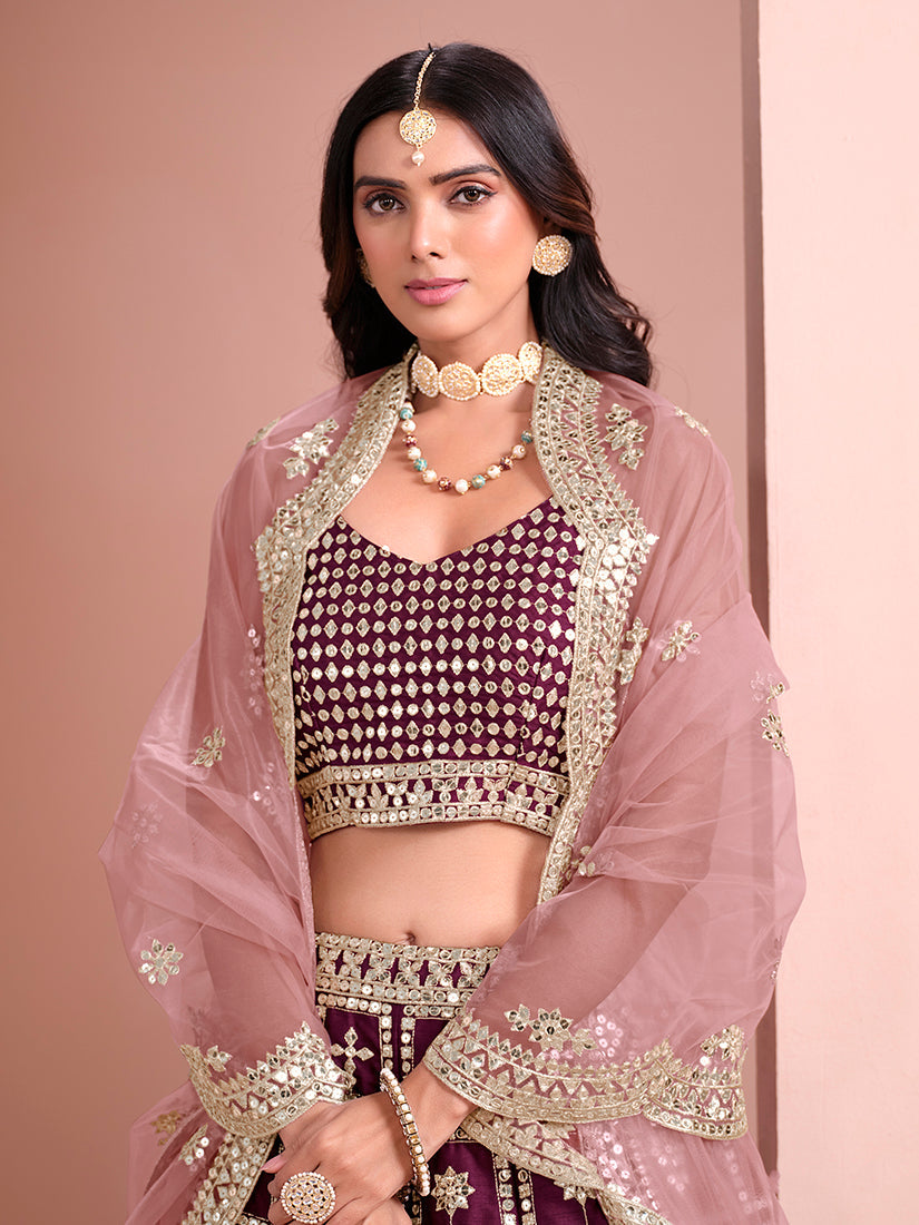 Monjolika Fashion Purple Embroidered Art Silk Trendy A Line Lehenga Choli - Swadesiicart