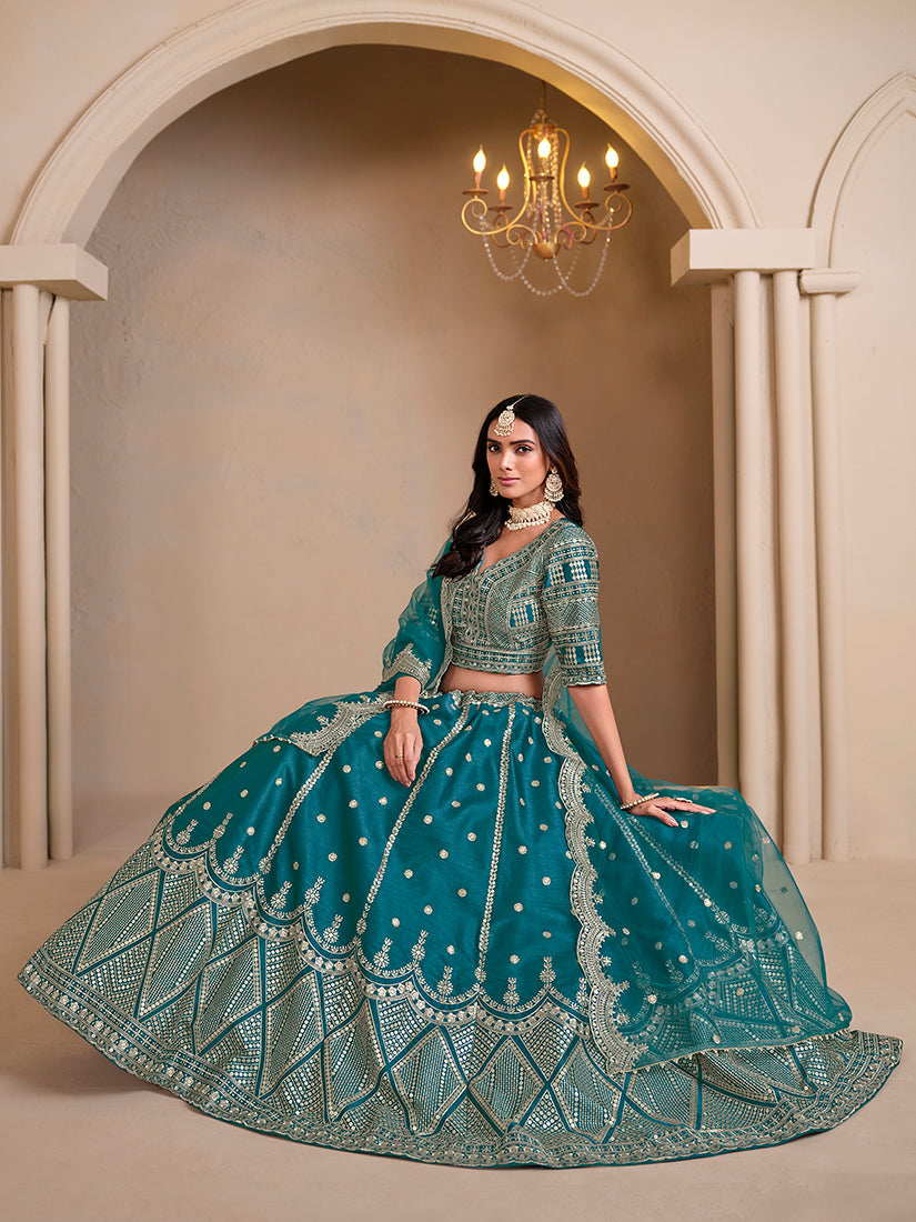 Monjolika Fashion Art Silk Embroidered Teal Lehenga Choli - Swadesiicart