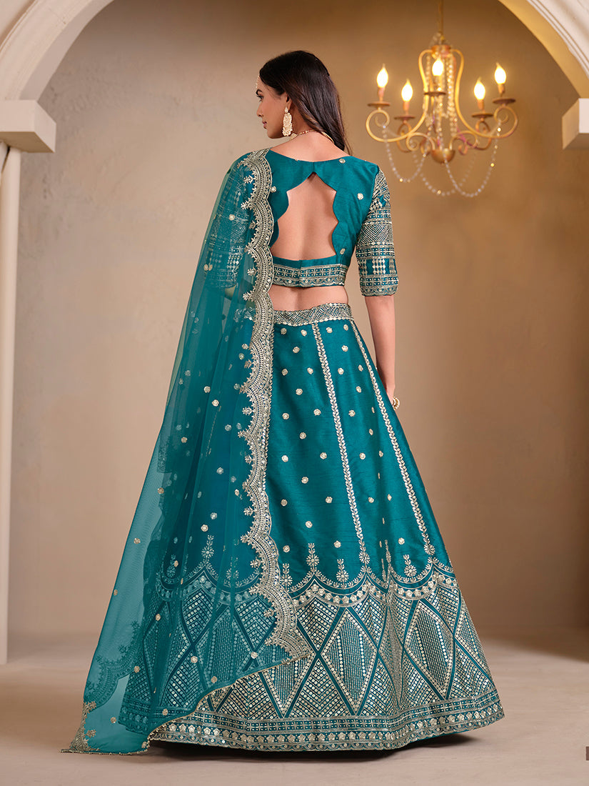 Monjolika Fashion Art Silk Embroidered Teal Lehenga Choli - Swadesiicart