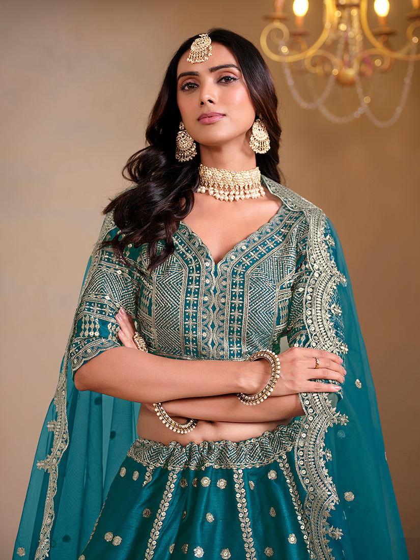 Monjolika Fashion Art Silk Embroidered Teal Lehenga Choli - Swadesiicart