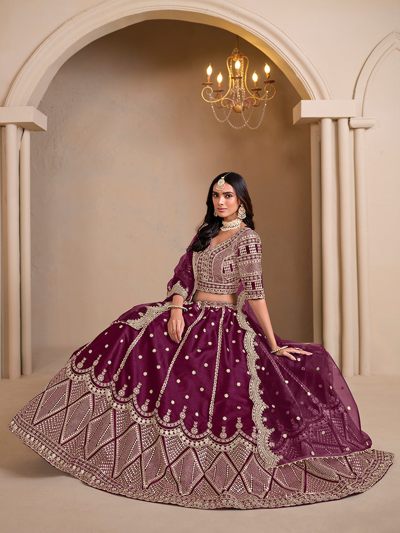 Monjolika Fashion Art Silk Embroidered Dark Purple Lehenga Choli - Swadesiicart