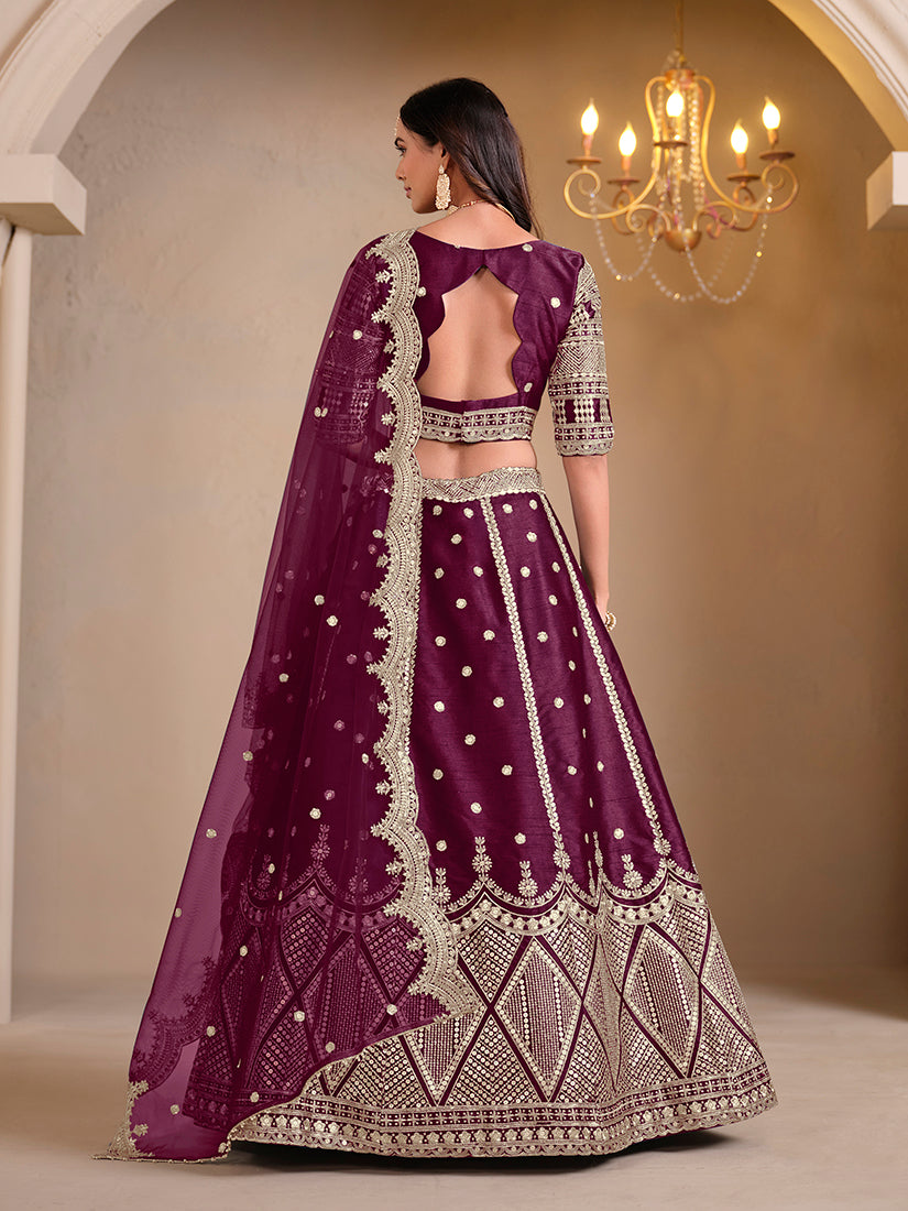 Monjolika Fashion Art Silk Embroidered Dark Purple Lehenga Choli - Swadesiicart