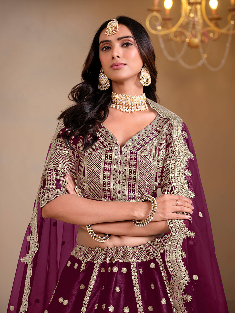 Monjolika Fashion Art Silk Embroidered Dark Purple Lehenga Choli - Swadesiicart
