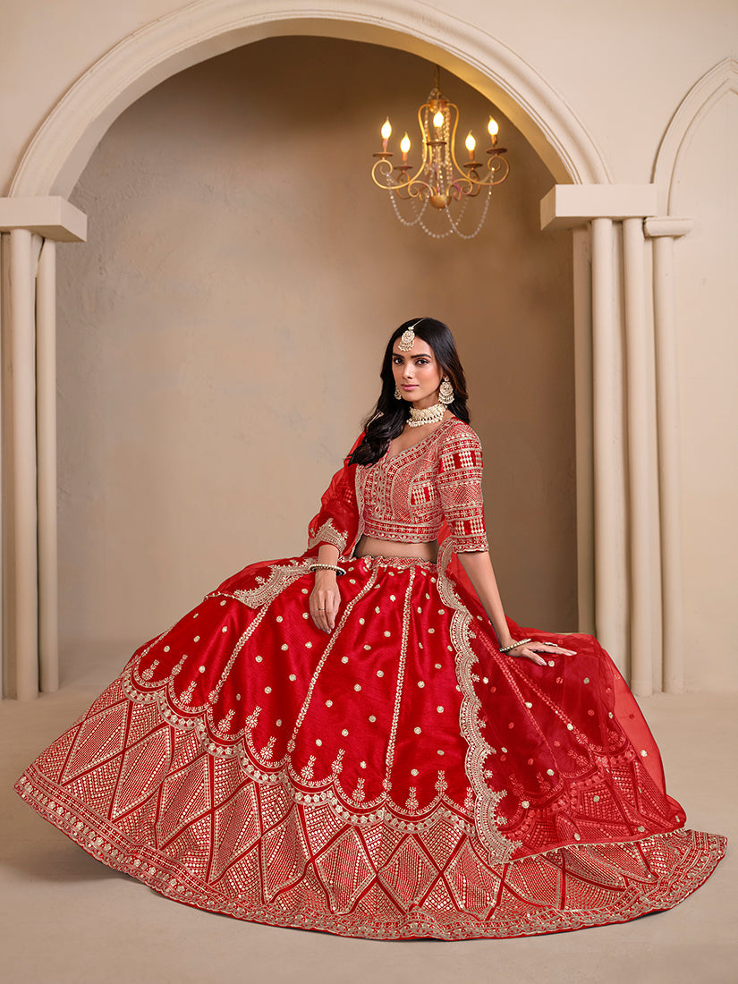 Monjolika Fashion Art Silk Embroidered Red Lehenga Choli - Swadesiicart
