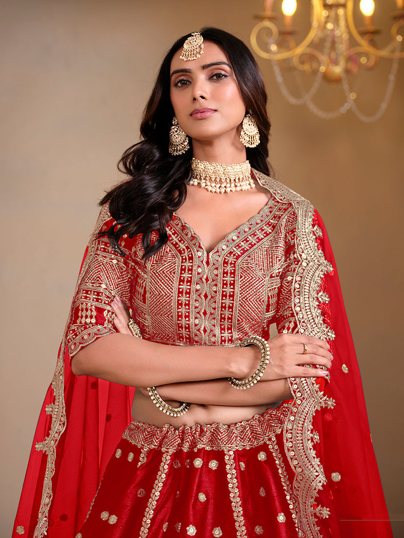 Monjolika Fashion Art Silk Embroidered Red Lehenga Choli - Swadesiicart