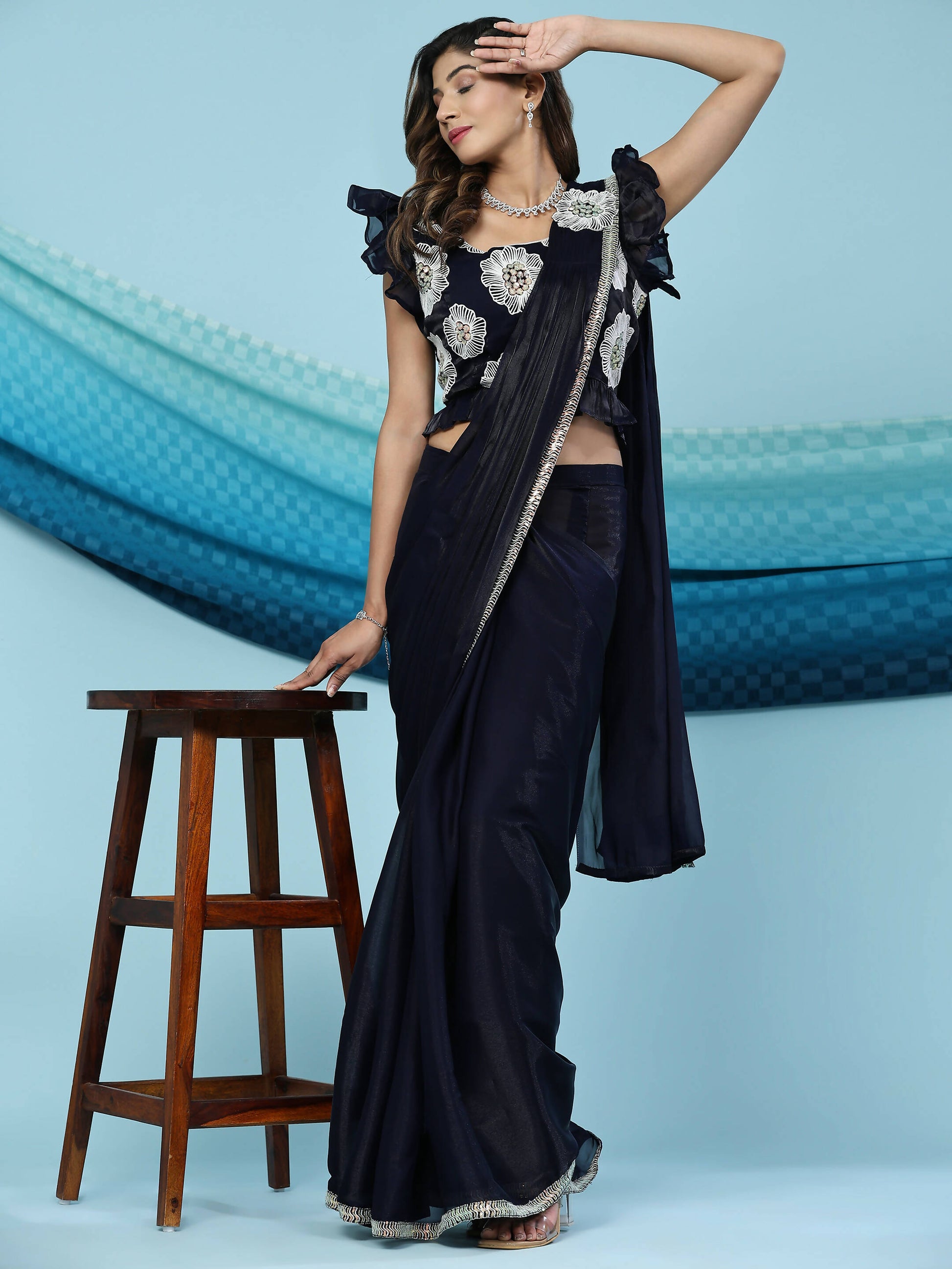 Black Silk Satin Sequence Work Ready to Wear Saree with stitched Blouse - Nirvana | Swadesiicart