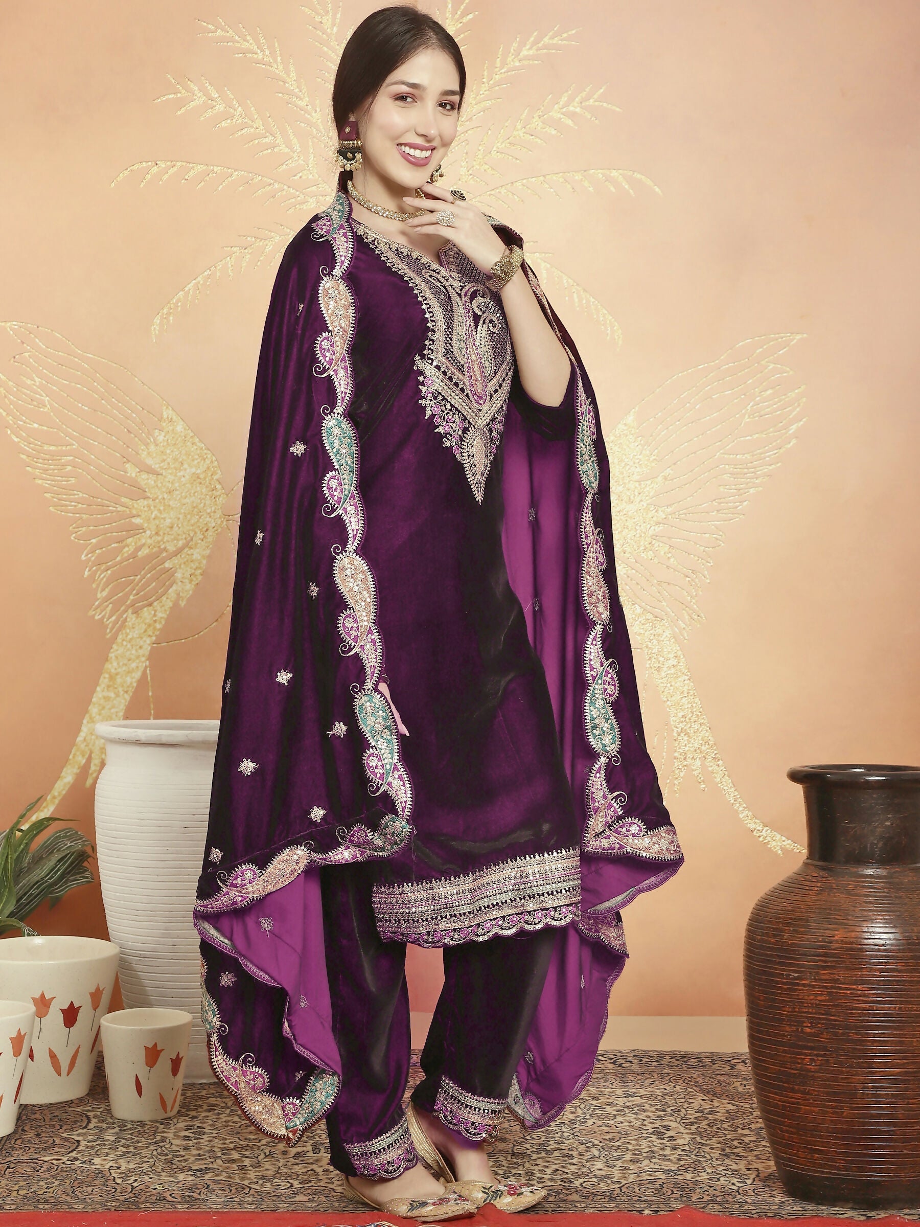 Jyoti Fashion Women's Wine Velvet Cording with Resham Thread & Sequin Kurta with Trouser & Dupatta | Swadesiicart
