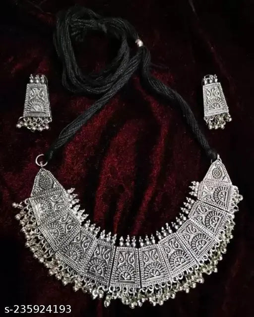 Tehzeeb Creations Women's German Silver Oxidised Necklace And Earrings Set - Swadesiicart