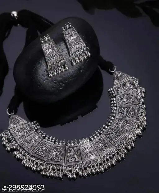 Tehzeeb Creations Women's German Silver Oxidised Necklace And Earrings Set - Swadesiicart
