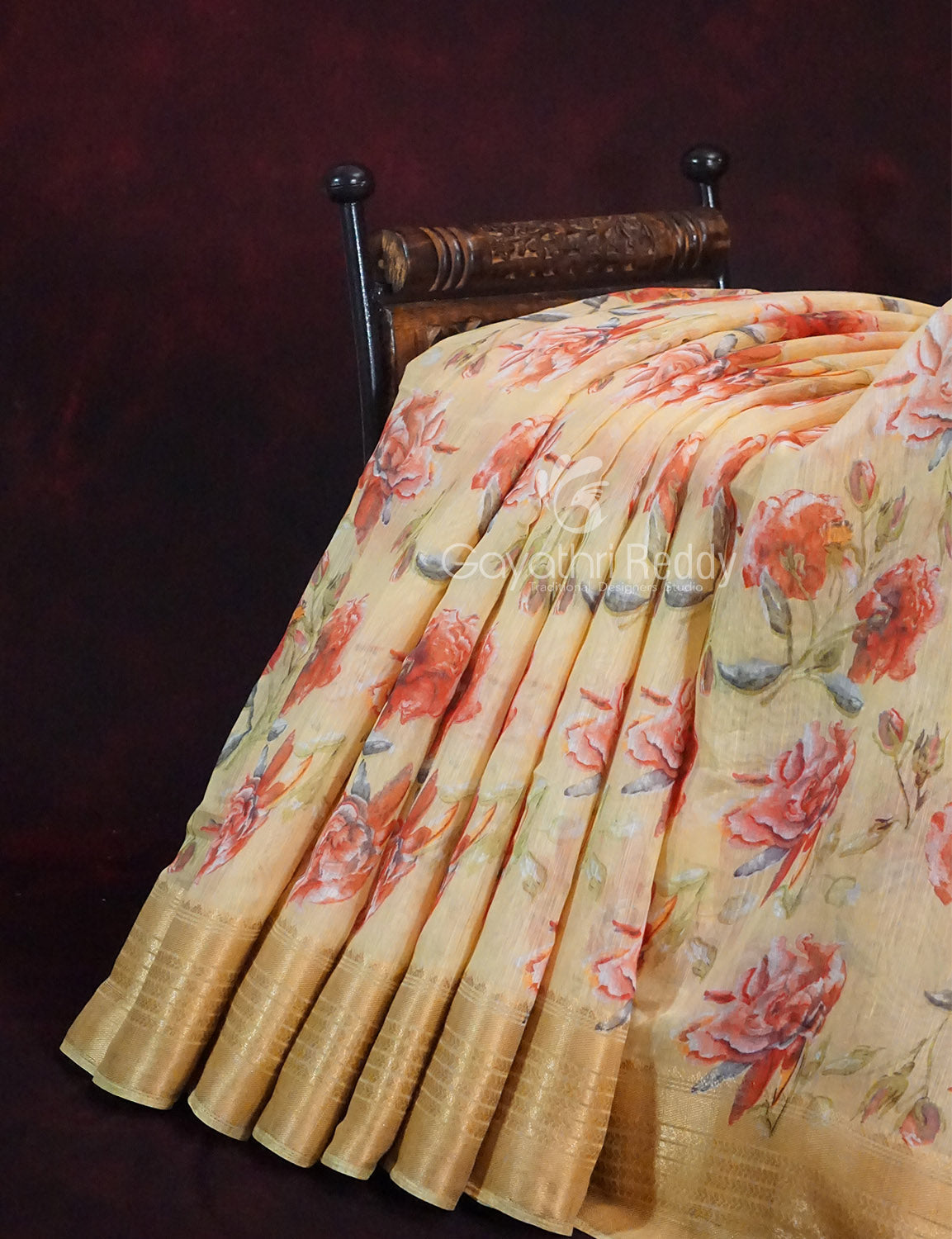 Shades of Wheat with Floral Design Semi Chanderi Saree By Gayathri Reddy Designer Studio | Swadesiicart