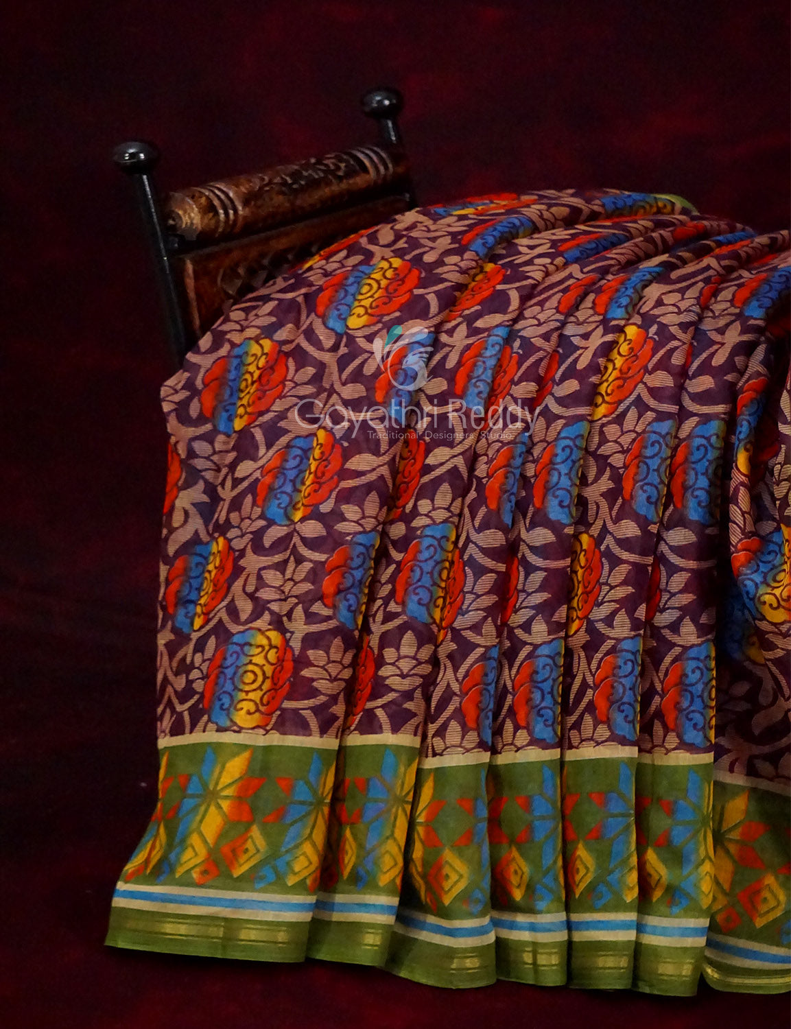 Shades of Dark Wine With Leaf Green Blouse Creeper Design Semi Chanderi Saree By Gayathri Reddy Designer Studio | Swadesiicart