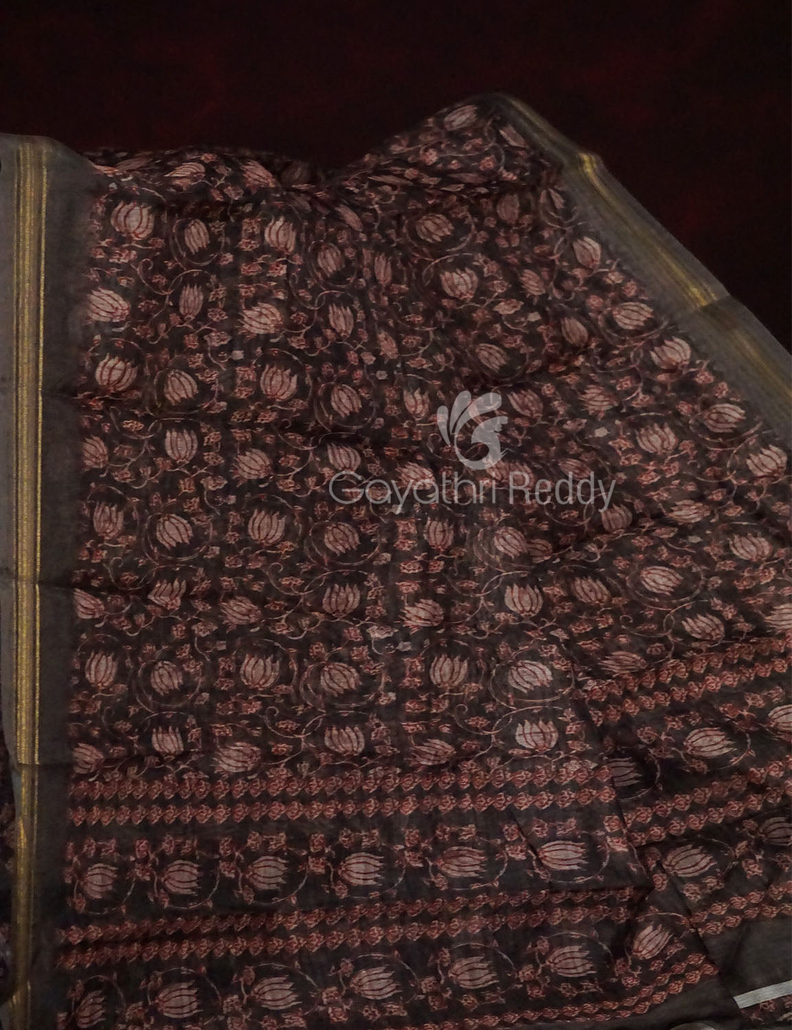 Dark Coffee Brown Colour Lotus Design Semi Chanderi Saree By Gayathri Reddy Designer Studio | Swadesiicart