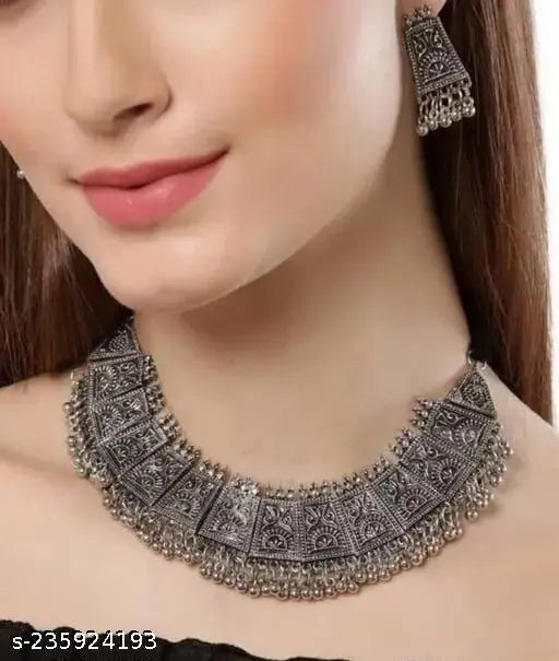 Tehzeeb Creations Women's German Silver Oxidised Necklace And Earrings Set - Swadesiicart