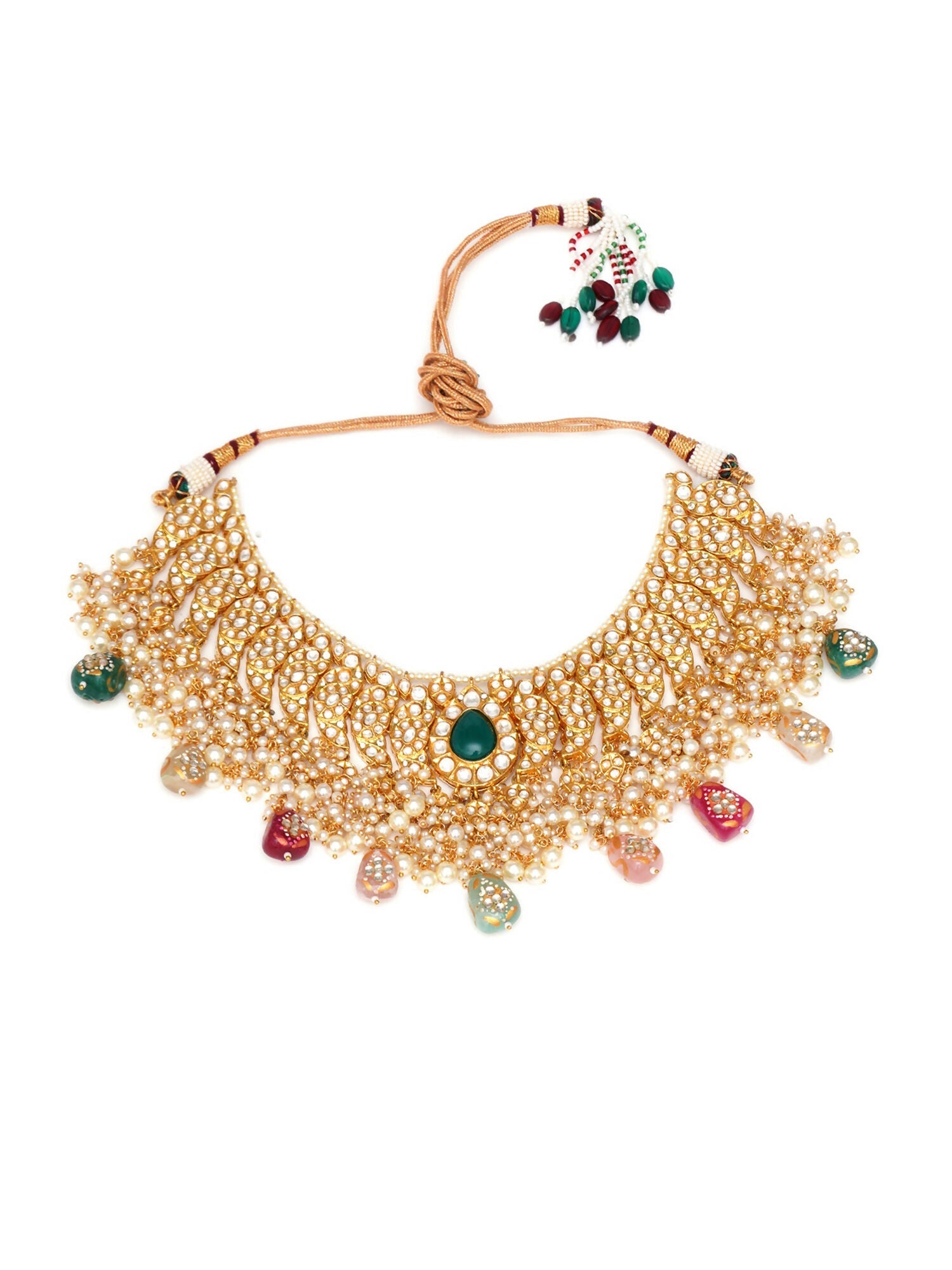 Kundan Choker with Matching Earrings & Maang Tikka Jewellery Set (Gold) - Ruby Raang - Swadesiicart