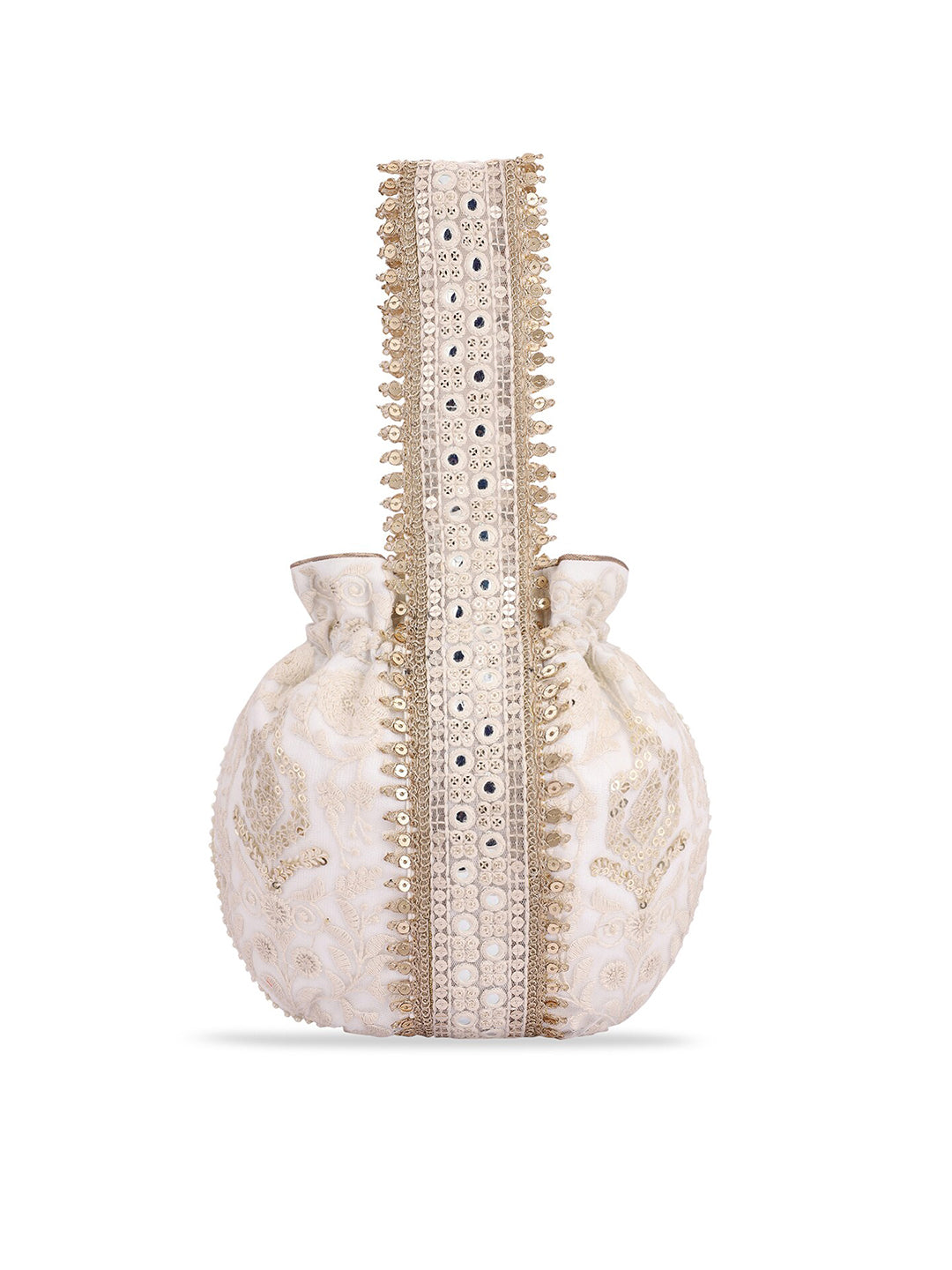 Masq Off White & Gold-Toned Embellished Embroidered Potli Clutch - Swadesiicart