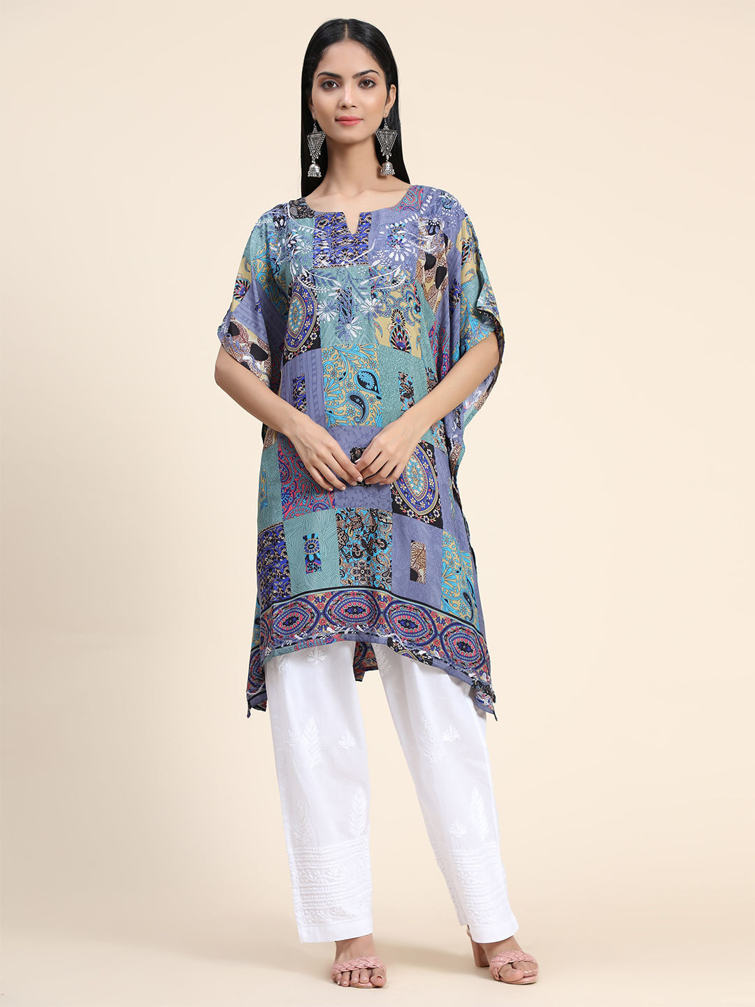 HOUSE OF KARI Ethnic Motifs Printed Notched Neck Chikankari Embroidery Cotton Kaftan Kurta | Swadesiicart