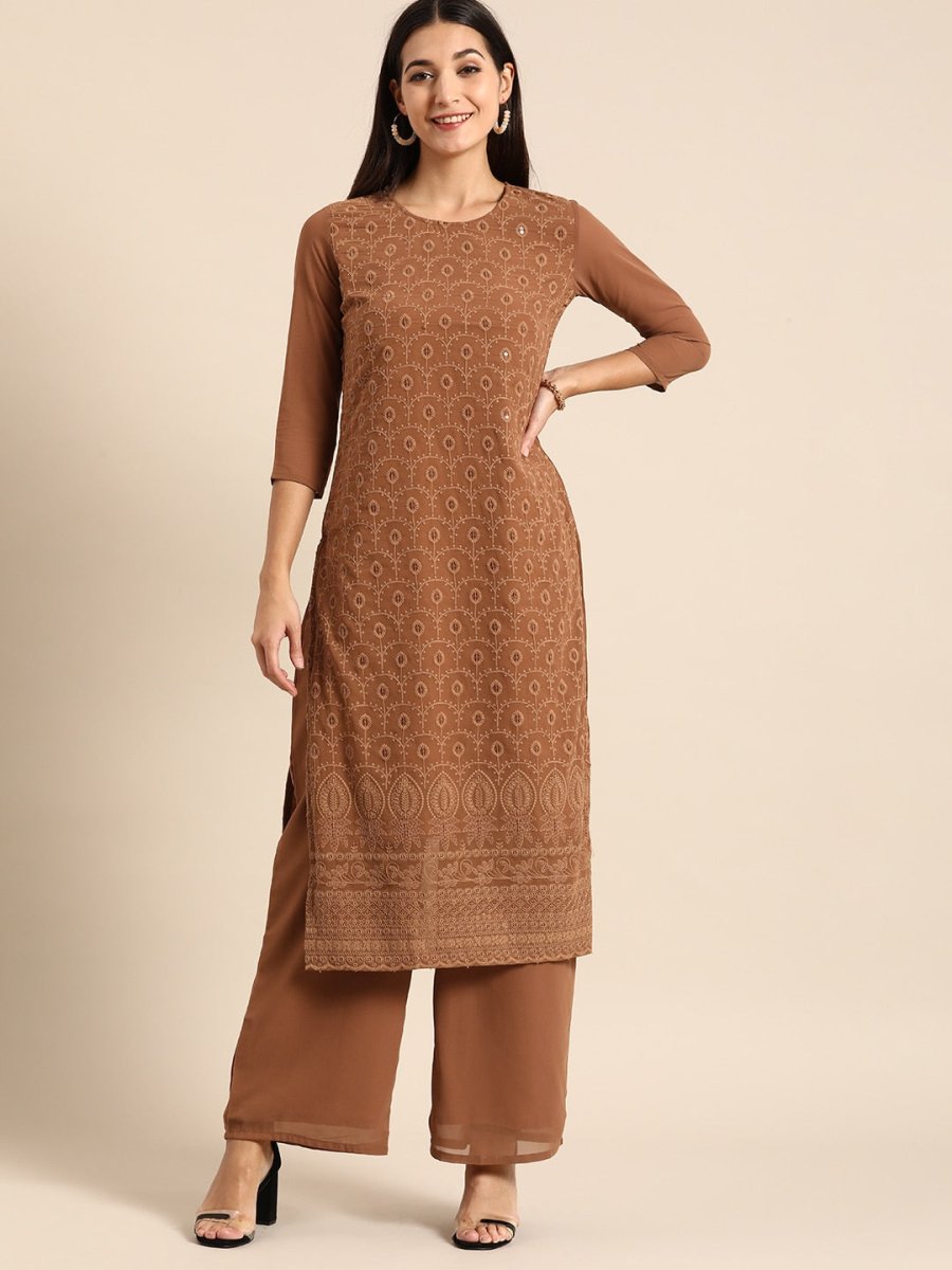 All About You Women Brown Ethnic Motifs Embroidered Chikankari Kurta with Palazzos | Swadesiicart