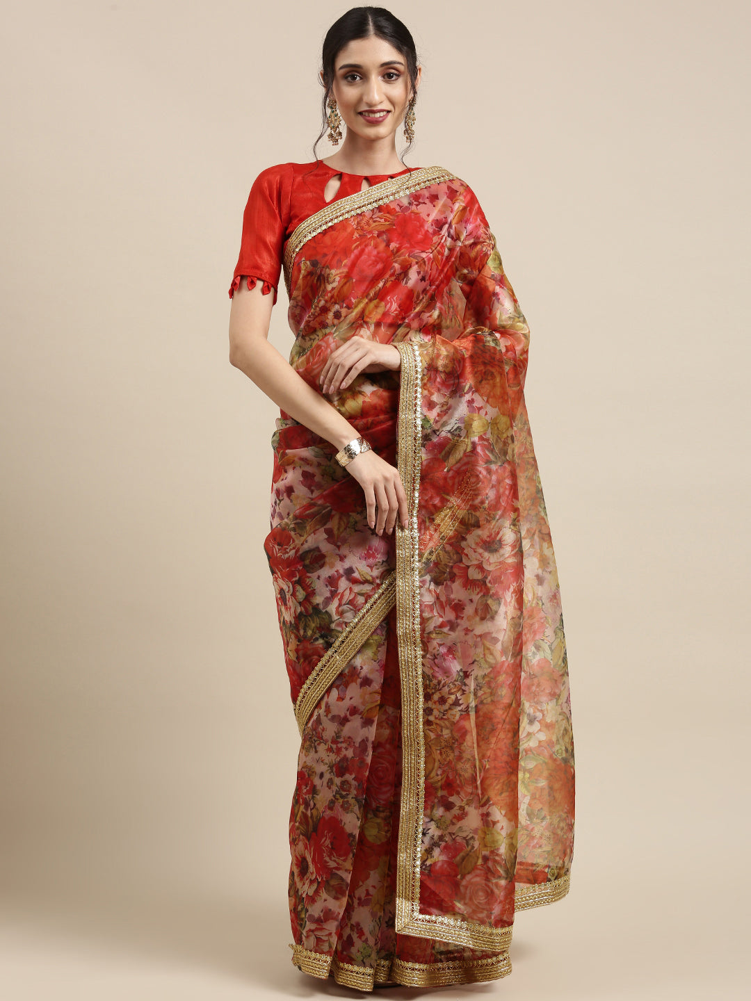 Tikhi Imli Red Floral Organza Saree | Swadesiicart