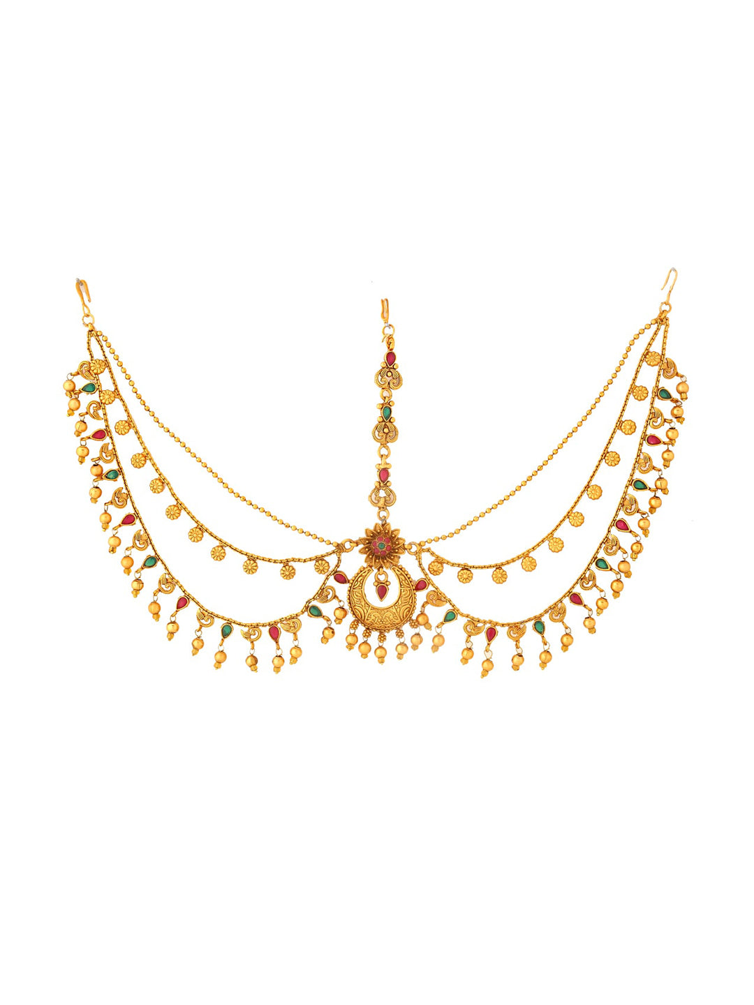 Yellow Chimes Gold-Polished Red & Green Stone-Studded Layered Bridal Maatha Patti | Swadesiicart