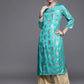 Biba Women Turquoise Blue Ethnic Motifs Foil Printed Keyhole Neck Kurta - Swadesiicart