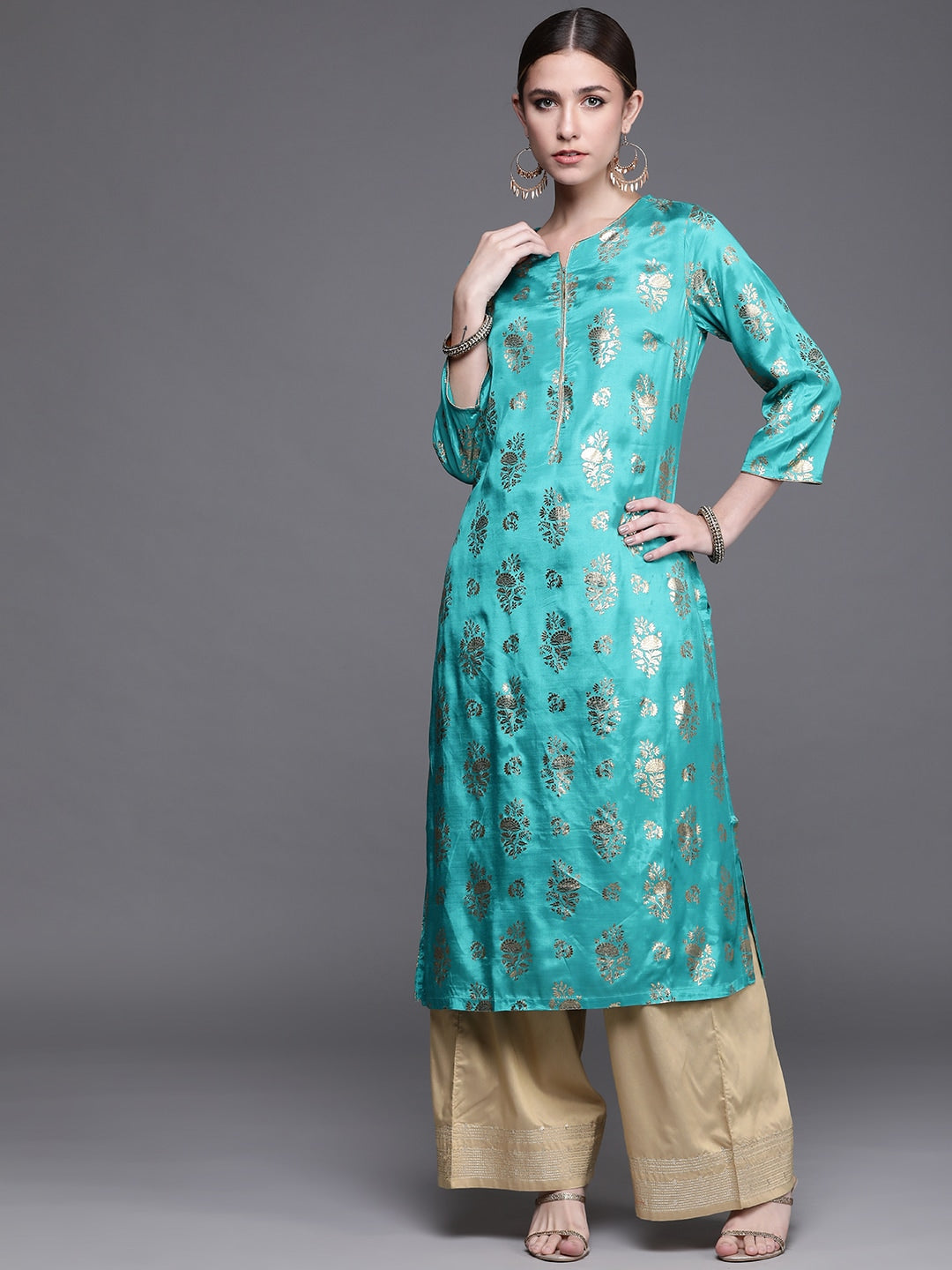 Biba Women Turquoise Blue Ethnic Motifs Foil Printed Keyhole Neck Kurta - Swadesiicart