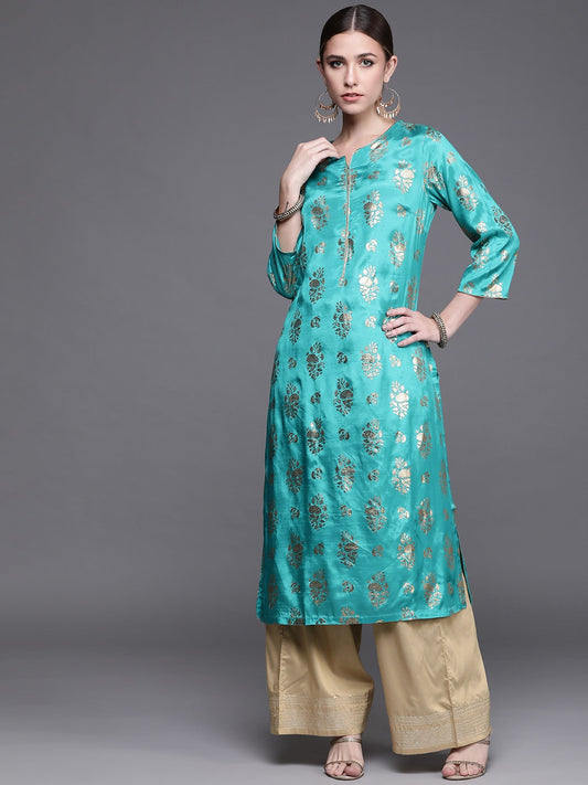 Biba Women Turquoise Blue Ethnic Motifs Foil Printed Keyhole Neck Kurta - Swadesiicart