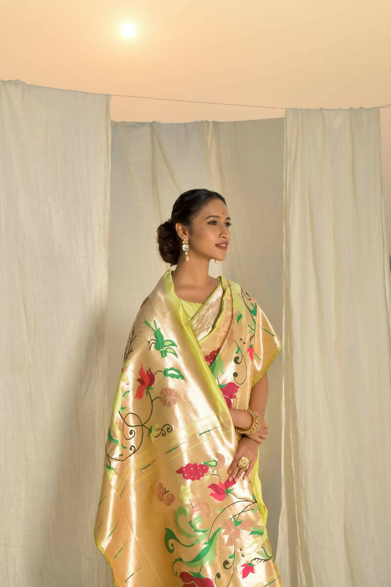 Vishnu Weaves Women's Pista Paithani Silk Zari Woven Saree with Unstitched Blouse - Swadesiicart