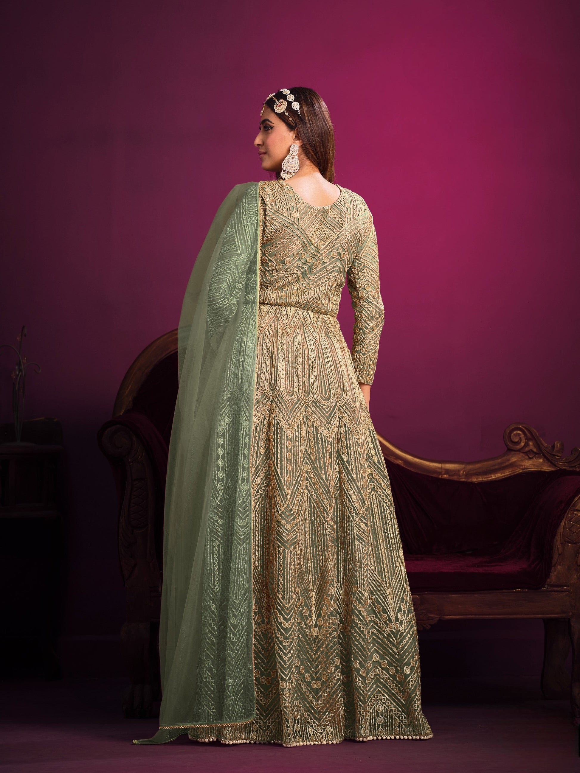Anaita Green Embroidered Net Anarkali Suit