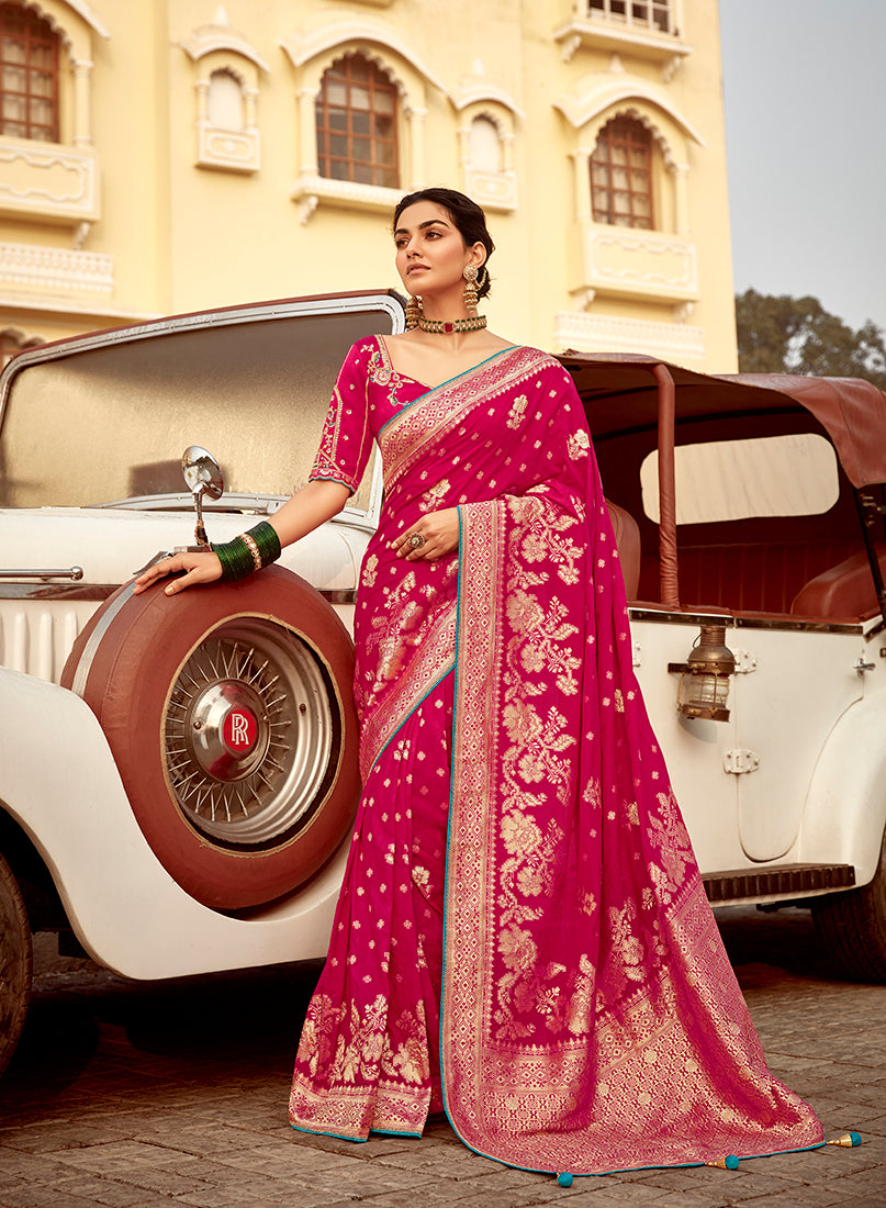 Monjolika Fashion Rani Pink Banarasi Weaving Dola Silk Wedding Saree | Swadesiicart
