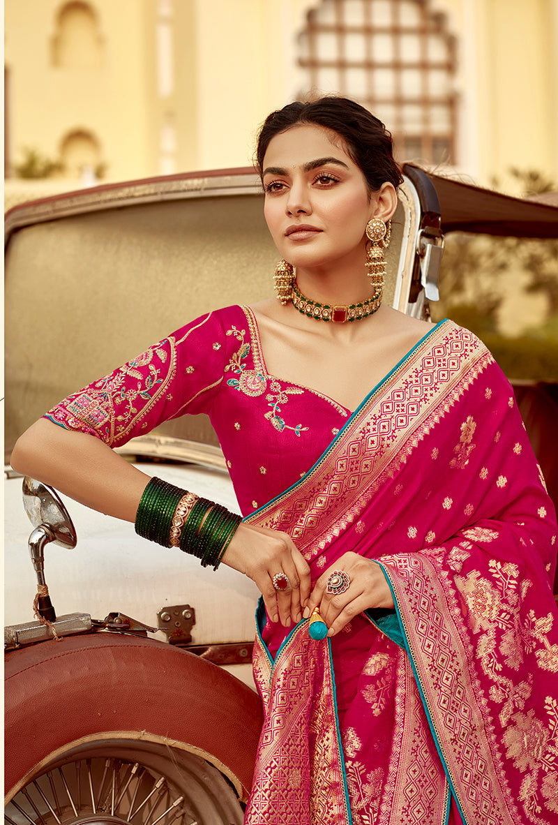 Monjolika Fashion Rani Pink Banarasi Weaving Dola Silk Wedding Saree | Swadesiicart