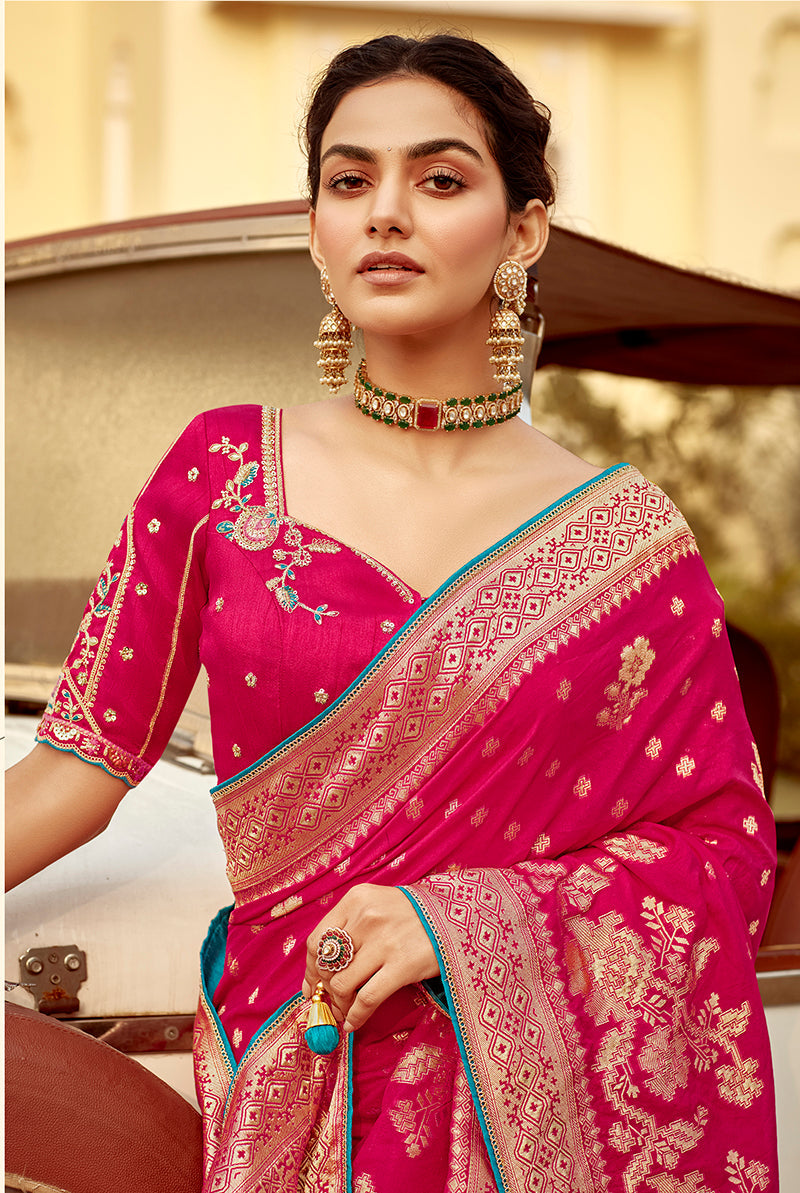 Monjolika Fashion Rani Pink Banarasi Weaving Dola Silk Wedding Saree | Swadesiicart
