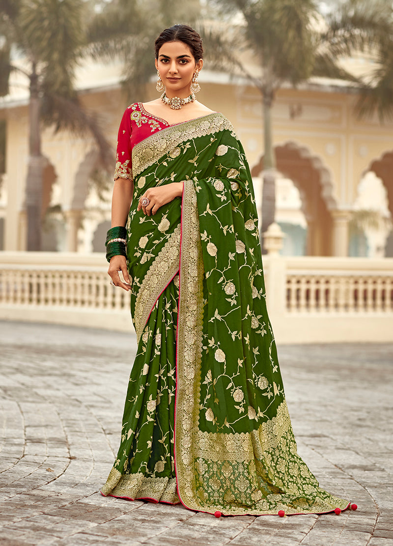 Monjolika Fashion Bottle Green Banarasi Weaving Dola Silk Wedding Saree | Swadesiicart