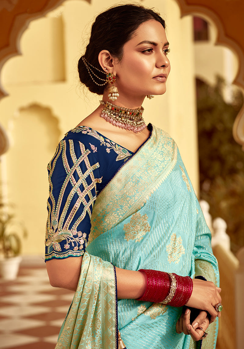 Monjolika Fashion Sky Blue Banarasi Weaving Dola Silk Wedding Saree | Swadesiicart