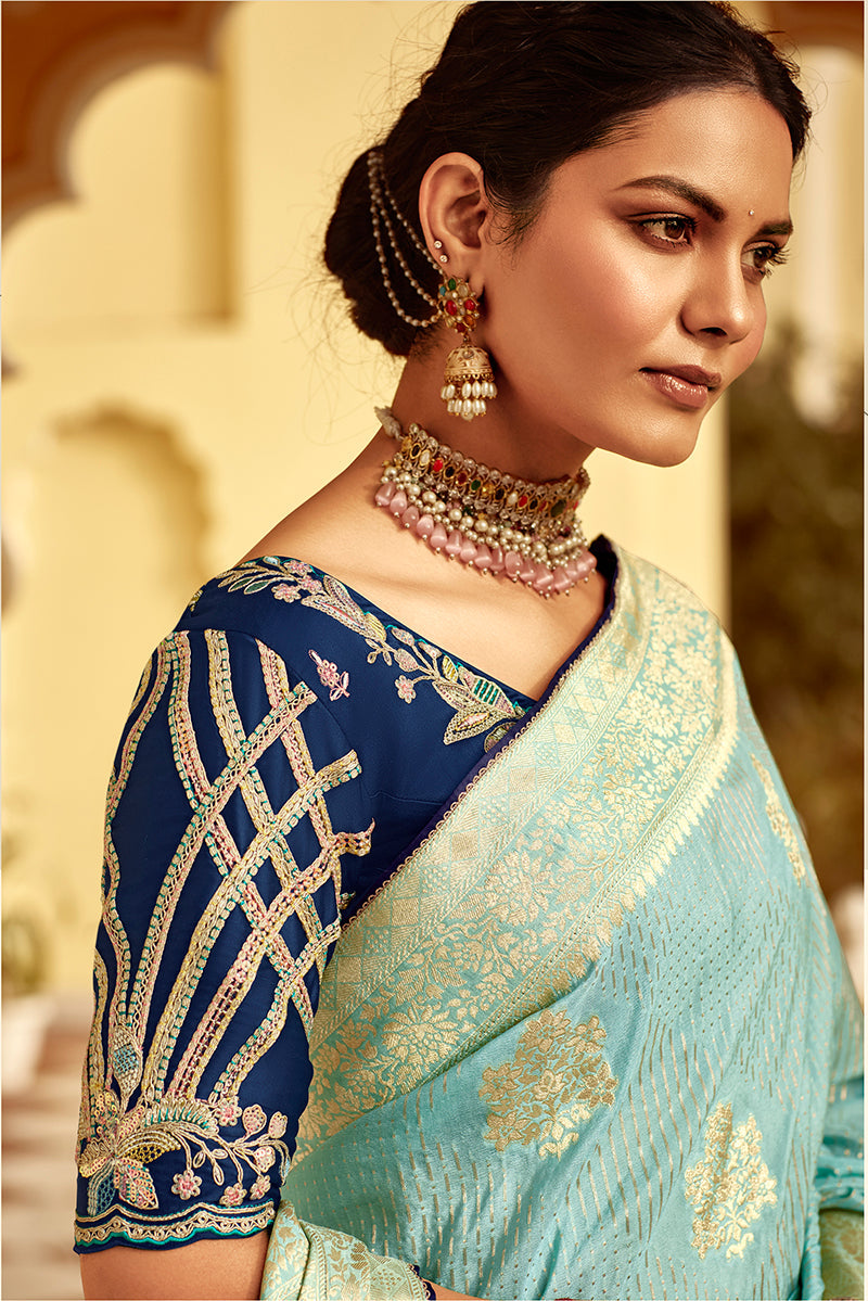 Monjolika Fashion Sky Blue Banarasi Weaving Dola Silk Wedding Saree | Swadesiicart