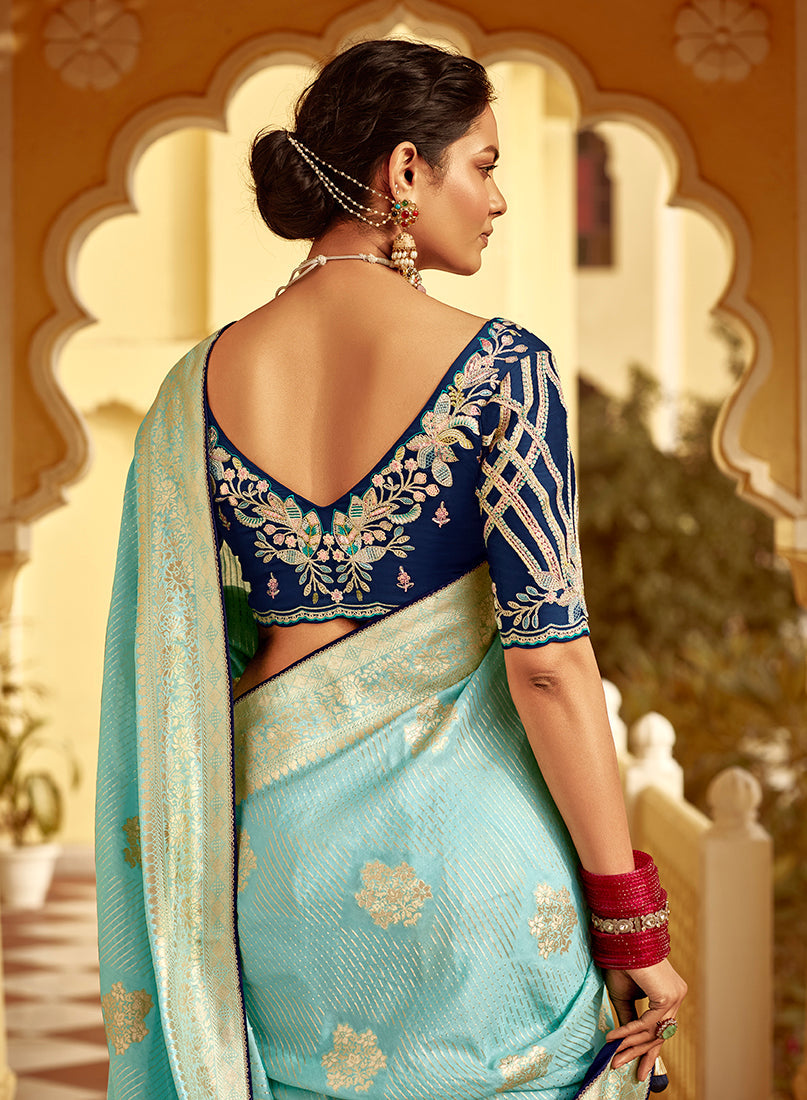 Monjolika Fashion Sky Blue Banarasi Weaving Dola Silk Wedding Saree | Swadesiicart