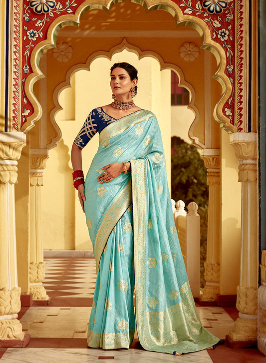 Monjolika Fashion Sky Blue Banarasi Weaving Dola Silk Wedding Saree | Swadesiicart