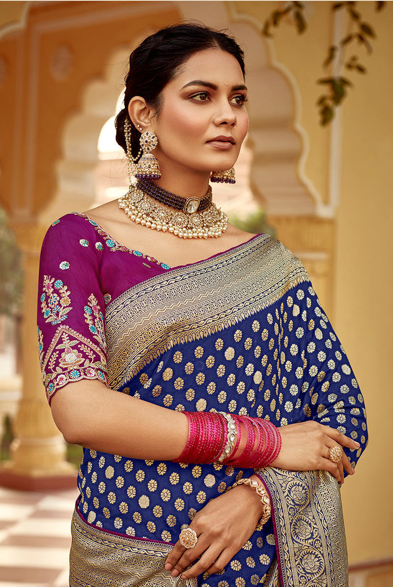 Monjolika Fashion Navy Blue Banarasi Weaving Dola Silk Wedding Saree | Swadesiicart