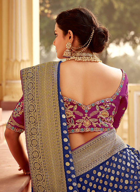 Monjolika Fashion Navy Blue Banarasi Weaving Dola Silk Wedding Saree | Swadesiicart